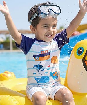 Babyhug Water Repellent Half Raglan Sleeves Legged Swimsuit With Sea Animals Print - White