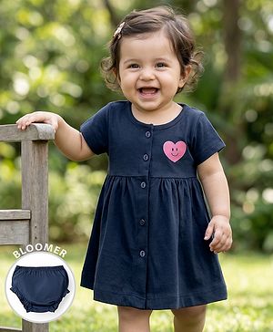 Babyhug Interlock Knit Half Sleeves Frock With Heart Print & Bloomer - Navy Blue