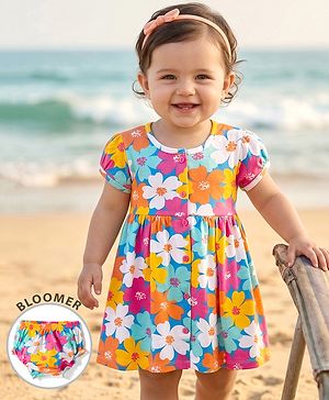 Babyhug Interlock Knit Half Sleeves Floral Printed Frock with Bloomer - Pink