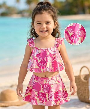 Babyhug Water Repellent Sleeveless Two Piece Swimsuit With Sea Animal Print - Pink