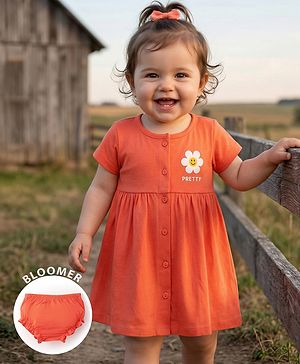 Babyhug Interlock Knit Half Sleeves Frock With Floral Print & Bloomer - Orange
