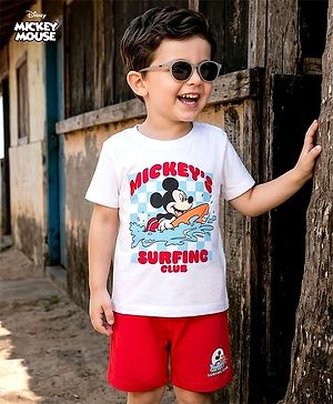 Babyhug Disney Single Jersey Knit Half Sleeves T-Shirt & Shorts Set With Mickey Mouse Graphics - Multicolor