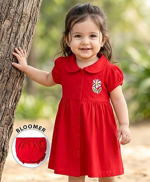 Babyhug Interlock Knit Half Sleeves Peter Pan Collared Frock with Bloomer & Floral Print - Red