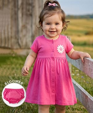 Babyhug Interlock Knit Half Sleeves Frock With Floral Print & Bloomer - Pink