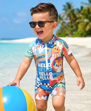 Babyhug Half Raglan Sleeves Water Repellent Animal Printed Legged Swimsuit - Multicolour