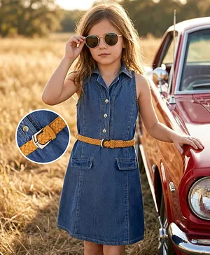 Hola Bonita 100% Cotton Woven Sleeveless
                      Solid Denim Dress With Halter Neck & Belt -
                      Navy Blue