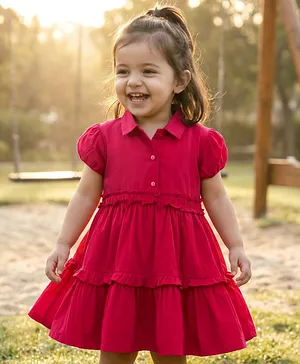 Babyhug Poplin Knit Half Sleeves Solid Frock - Dark Pink