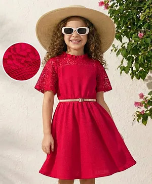 Hola Bonita Knit Half Sleeves
                                  Solid Lace Dress with Belt- Dark Pink