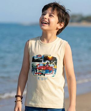 Pine Kids Cotton Knit Sleeveless Tank T-Shirt with Surfing Print - Off White