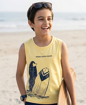 Pine Kids Cotton Knit Sleeveless T-Shirt with Surfing Print - Yellow