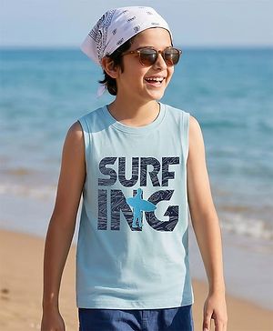 Pine Kids Cotton Knit Sleeveless Tank T-Shirt with Surfing Print - Aqua Blue