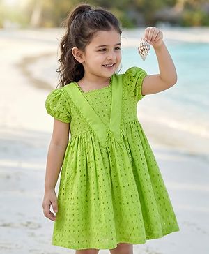 Babyhug Cotton Woven Half Puffed Sleeves Schiffili Frock - Green