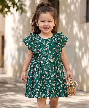 Babyhug Cotton Woven Frill Sleeves Frock With Floral Print - Green