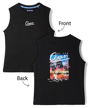 Pine Kids 100% Cotton Knit Sleeveless Tank T-Shirt WIth Beach Theme Print - Black