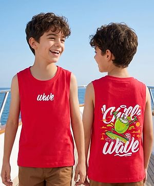 Pine Kids Cotton Knit Sleeveless T-Shirt with Wave Print - Red