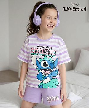 Pine Kids Disney Single Jersey Knit Drop Shoulder Half Sleeves Oversized T-Shirt & Shorts Set With Lilo & Stitch Graphics - Purple