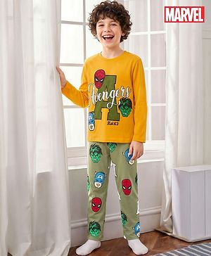 Pine Kids Marvel Single Jersey Knit Full Sleeves T-Shirt & Pajama Night Suit With Avengers Print - Yellow & Olive Green