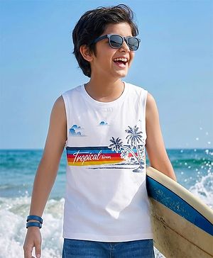 Pine Kids Cotton Knit Sleeveless Tank T-Shirt with Tropical Theme Print - White
