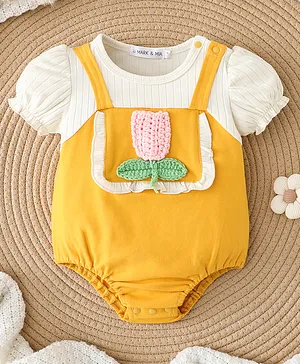 Mark & Mia Half Puffed Sleeves
                              Onesie with Crochet Floral Detailing -
                              Yellow & White