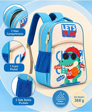 Babyhug 15 Inches Crocodile Lets Go Backpack |1 Main Compartments, 1 Front Pockets 1 side Bottle Pocket|Water Resistant|Long lasting and Durable Zippers | For School Travel and Outdoors|White Blue