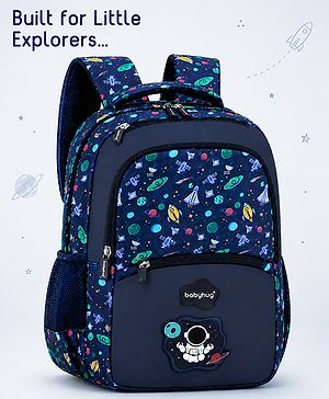 Babyhug 16 Inches Galaxy Astronaut Theme Backpack | 2 Main Compartments, 3 Front Pockets, 2 Side Bottle Pockets | Water Resistant | Durable Zippers | For School, Travel & Outdoors | Blue