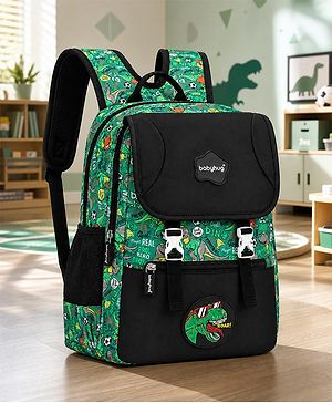 Babyhug 16 Inches Dino Theme Snappy Backpack | 2 Main Compartments, 2 Front Pockets, 2 Side Bottle Pockets | Water Resistant | Durable Zippers | For School, Travel & Outdoors | Green Black