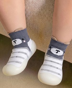 Cute Walk by Babyhug Slip On Sock Shoes With Stripes & Bear Print - White & Grey