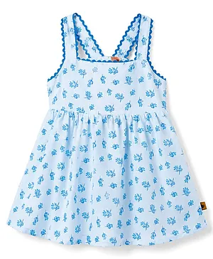 Dew Drops Cotton Woven Sleeveless
                                  One Piece Frock With Floral Print -
                                  Aqua Blue