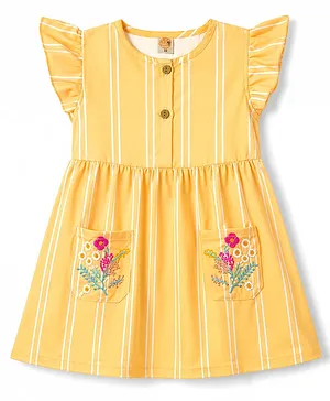 Dew Drops Cotton Woven One Piece
                                  Dress Sleeveless Striped with Floral
                                  Embroidered Pockets Yellow 2-3 Years