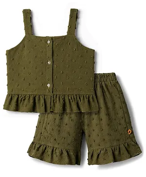 Dew Drops Cotton Woven Sleeveless Solid Top
                      & Shorts Co-ord Set - Olive Green