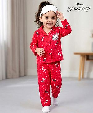 Babyhug Disney Single Jersey Knit Full Sleeves Co-ords Night Suit With Marie Graphics - Red