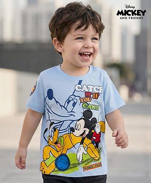 Babyhug Disney Single Jersey Knit Half Sleeves T-Shirt With Mickey & Pluto Graphics - Light Blue