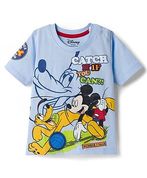 Babyhug Disney Single Jersey Knit Half Sleeves T-Shirt With Mickey & Pluto Graphics - Light Blue