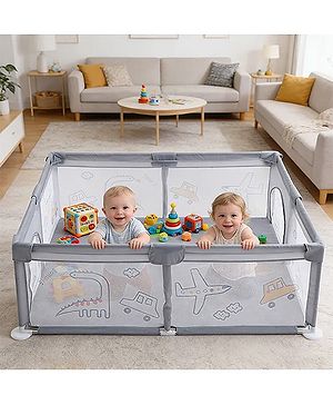 Babyhug Smart Portable Playpen with Safety Lock & Play Fence  Grey| Spacious Baby Play Area| Foldable Panels| Indoor & Outdoor Use| Easy to Assemble| Safe Play Zone for Babies & Toddlers