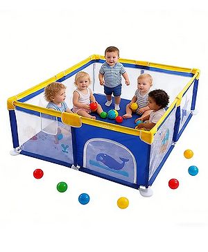 Babyhug Smart Portable Playpen with Safety Lock & Play Fence  Dark Blue| Spacious Baby Play Area| Foldable Panels| Indoor & Outdoor Use| Easy to Assemble| Safe Play Zone for Babies & Toddlers