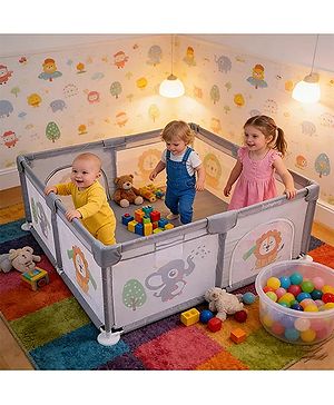 Babyhug Smart Portable Playpen with Safety Lock & Play Fence  Grey| Spacious Baby Play Area| Foldable Panels| Indoor & Outdoor Use| Easy to Assemble| Safe Play Zone for Babies & Toddlers