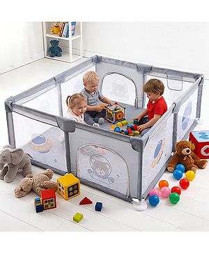 Babyhug Smart Portable Playpen with Safety Lock & Play Fence  Grey| Spacious Baby Play Area| Foldable Panels| Indoor & Outdoor Use| Easy to Assemble| Safe Play Zone for Babies & Toddlers