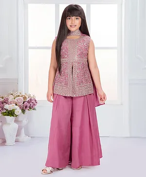 Tiny Kingdom Georgette Woven
                              Sleeveless Floral Embroidered Top &
                              Palazzo Set With Dupatta - Pink