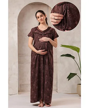 NIGHTSPREE Cotton Blend Woven Half
                              Sleeves Floral Printed Maternity Nighty
                              With Centre Nursing Access - Brown