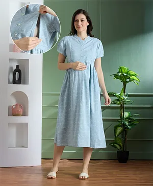 NIGHTSPREE Cotton Woven Half Sleeves
                              Leaves Printed Maternity Dress With Side
                              Zipper Nursing Access - Blue