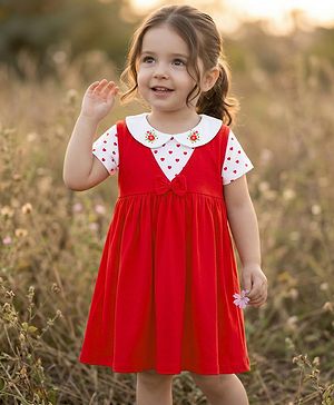 Babyhug Single Jersey Knit Half Sleeves Heart Printed T-Shirt & Frock with Bow Applique - Red