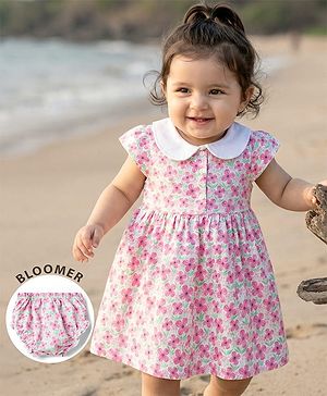 Babyhug Single Jersey Knit Cap Sleeves Floral Printed Frock with Bloomer - Pink