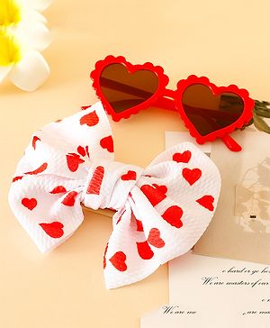 Babyhug Free Size Hearts Printed Headband With Bow Applique & Sunglasses - Red