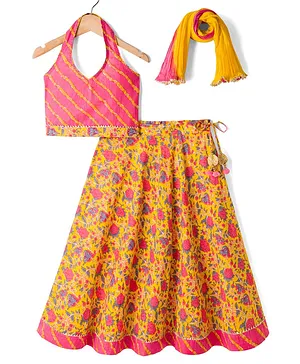 Exclusive from Jaipur Cotton Woven
                              Sleeveless Floral Printed Lehenga Choli
                              Set With Dupatta - Yellow & Peach