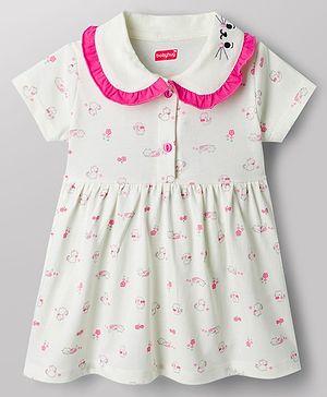 Babyhug Cotton Knit One Piece Frocks and Dress Half Sleeves Peter Pan Collar All Over Prints White 0-0 Months