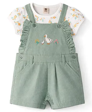 ToffyHouse Sinker Knit Dungaree &
                              Half Sleeves Inner Tee with Floral Print
                              & Duck Embroidery - Green