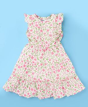 Pine Kids Cotton Knit Frill Sleeves Frock With Floral Print - Multicolor