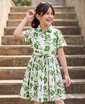 Pine Kids 100% Cotton Knit Half Sleeves Floral Printed Frock With Belt - Multicolor