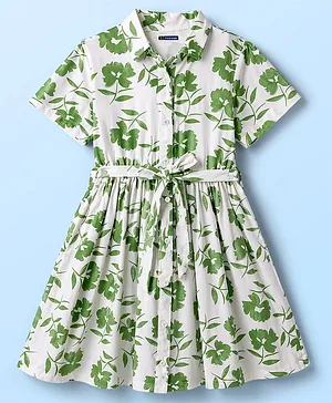 Pine Kids 100% Cotton Knit Half
                                  Sleeves Floral Printed Frock With Belt
                                  - Multicolor