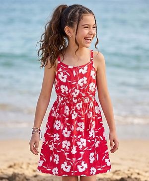 Pine Kids Cotton Knit Sleeveless Floral Printed Frock - Red